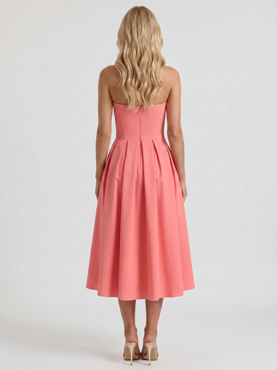 Audrey Strapless Pleated A Line Midi Dress - Coral Pink