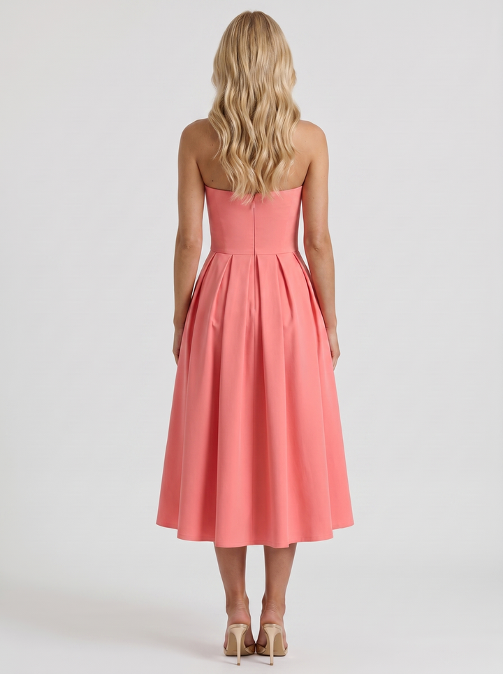 Audrey Strapless Pleated A Line Midi Dress - Coral Pink