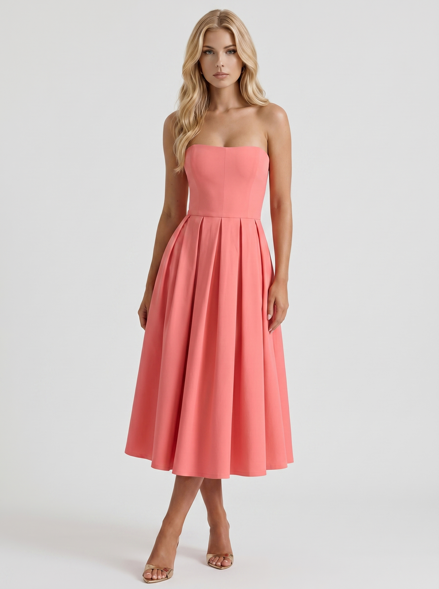 Audrey Strapless Pleated A Line Midi Dress - Coral Pink