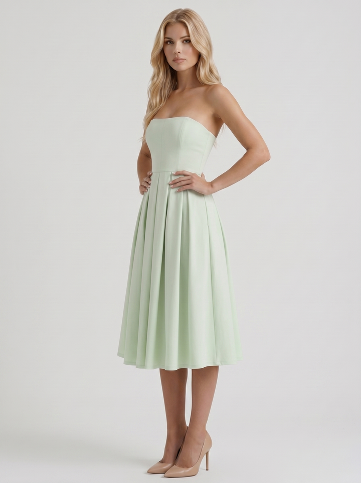 Audrey Strapless Pleated A Line Midi Dress - Mint