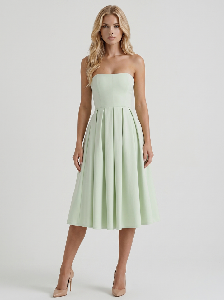 Audrey Strapless Pleated A Line Midi Dress - Mint