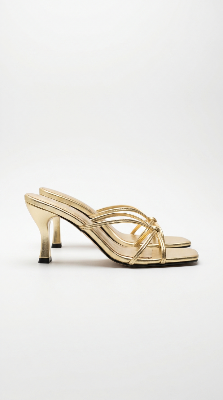 Avery Strappy Square Toe Mule Heel Sandals - Gold