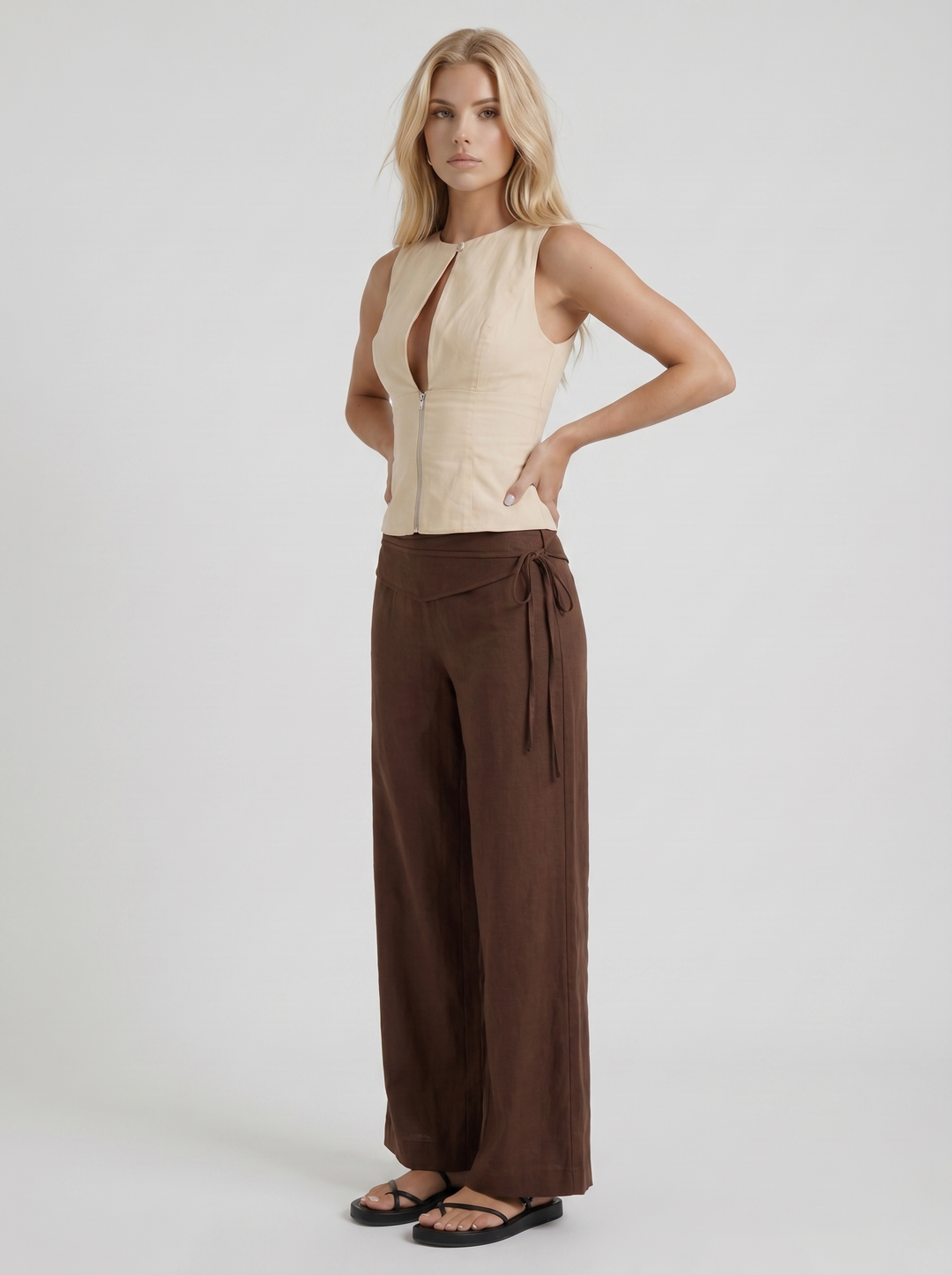 Brielle High Waist Wide Leg Tie Waist Linen Pants - Brown