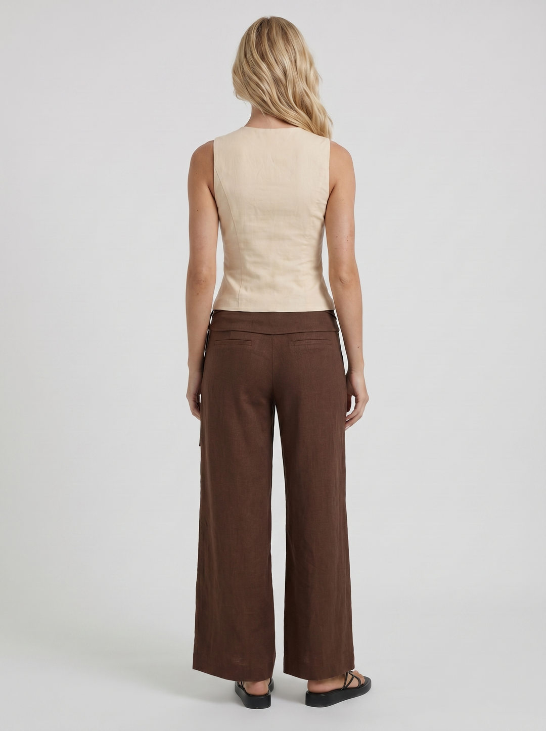 Brielle High Waist Wide Leg Tie Waist Linen Pants - Brown