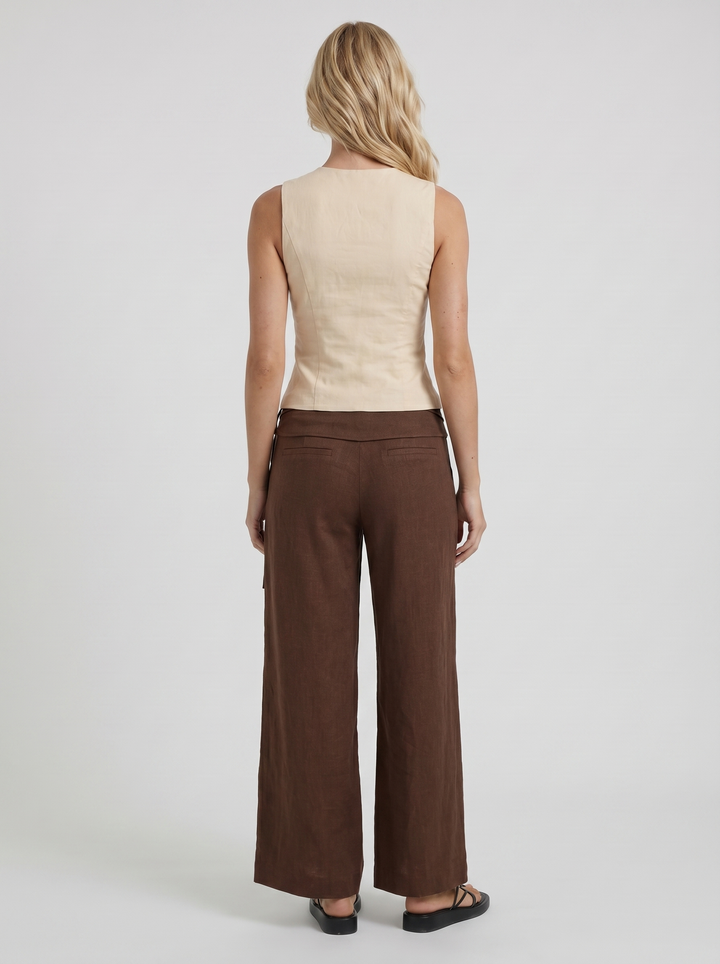 Brielle High Waist Wide Leg Tie Waist Linen Pants - Brown