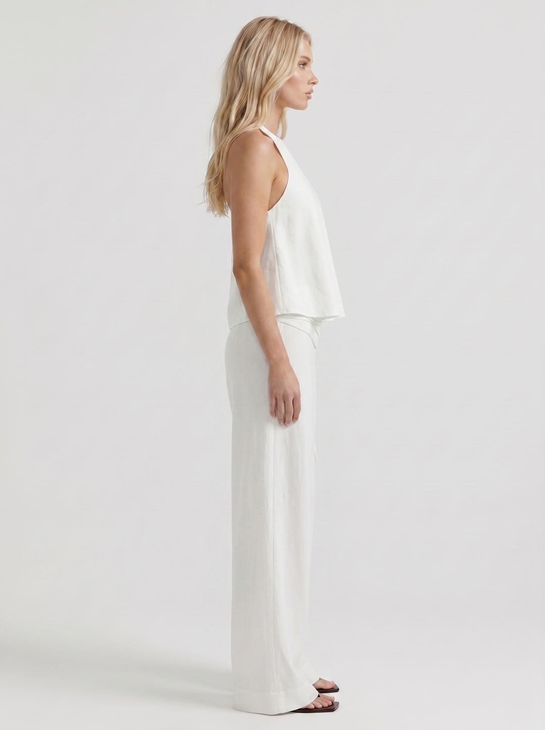 Brielle High Waist Wide Leg Tie Waist Linen Pants - White