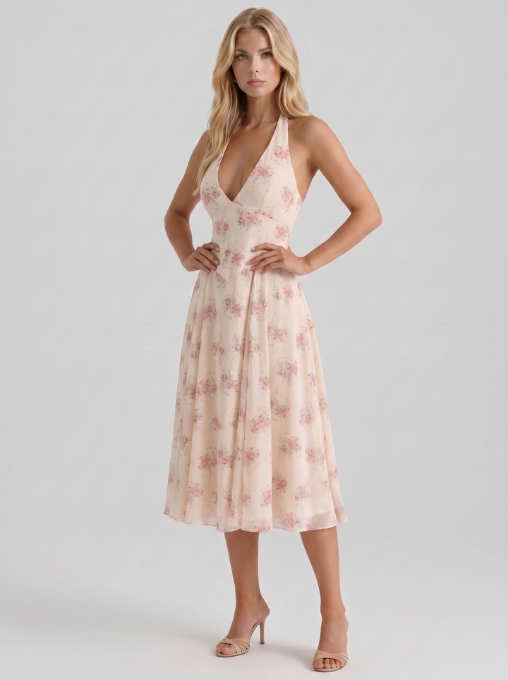 Camelia Halter Neck Georgette Midi Dress - Cream Floral