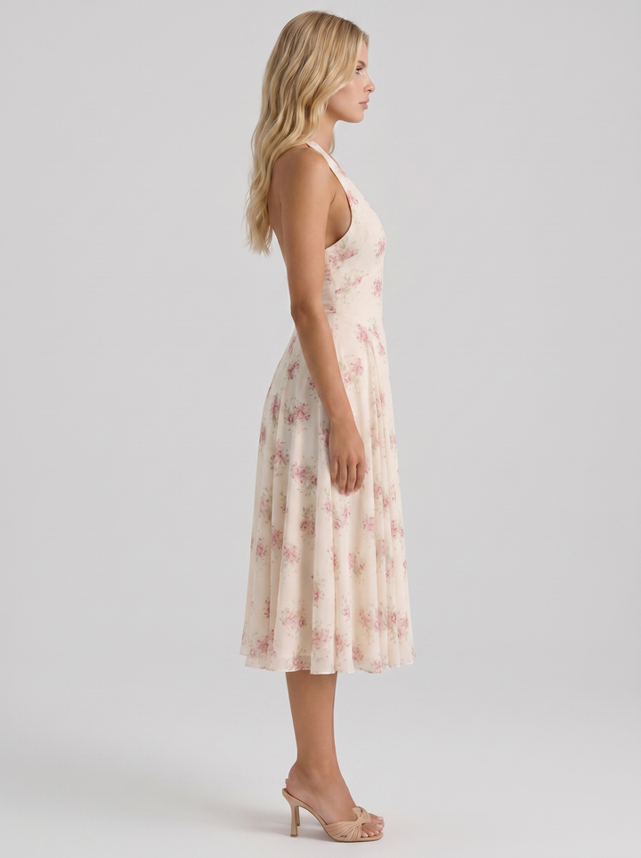 Camelia Halter Neck Georgette Midi Dress - Cream Floral