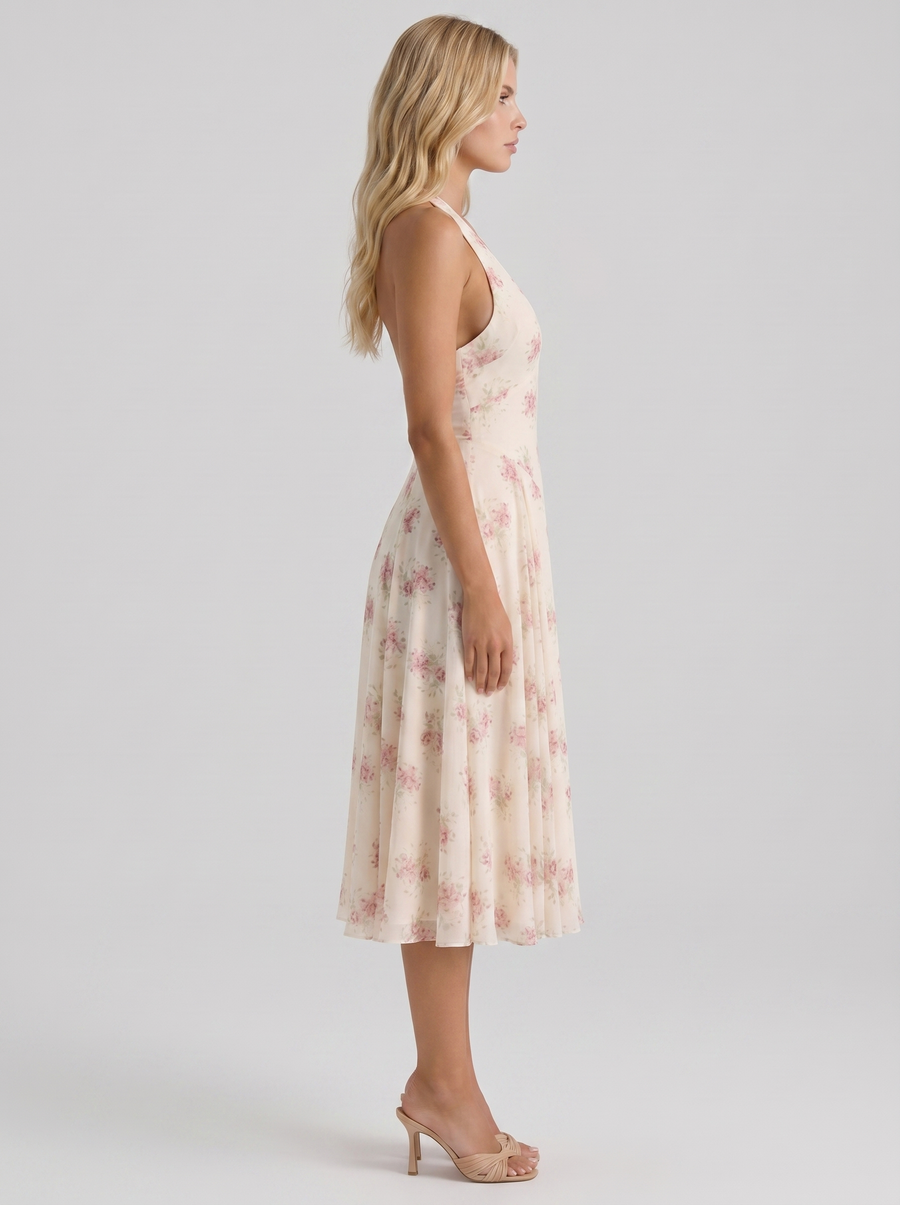 Camelia Halter Neck Georgette Midi Dress - Cream Floral