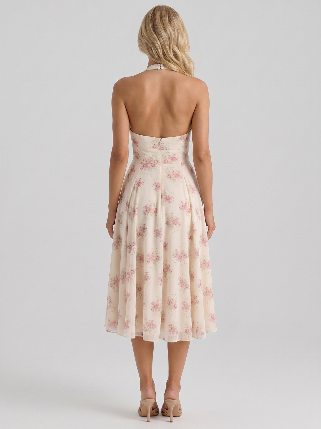 Camelia Halter Neck Georgette Midi Dress - Cream Floral