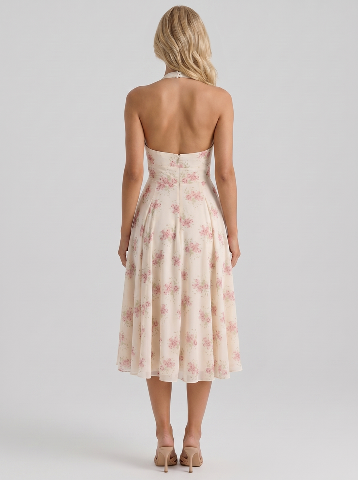 Camelia Halter Neck Georgette Midi Dress - Cream Floral