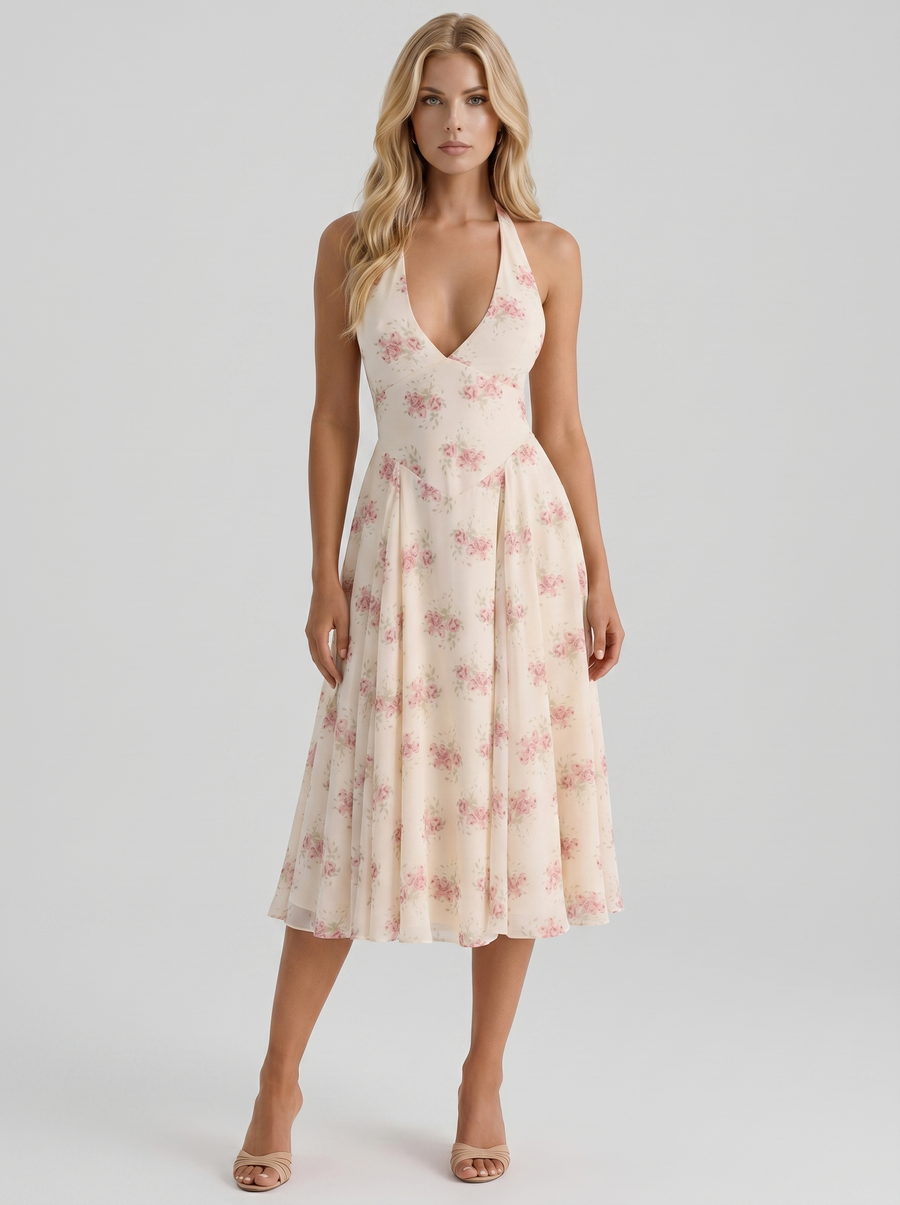 Camelia Halter Neck Georgette Midi Dress - Cream Floral