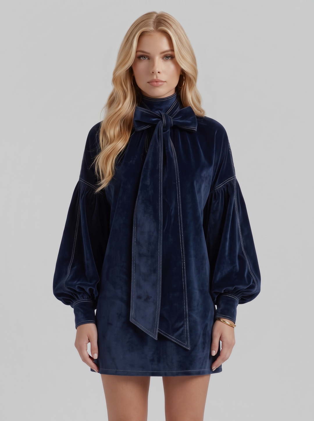 Carmen Bow Mini Dress - Dark Blue