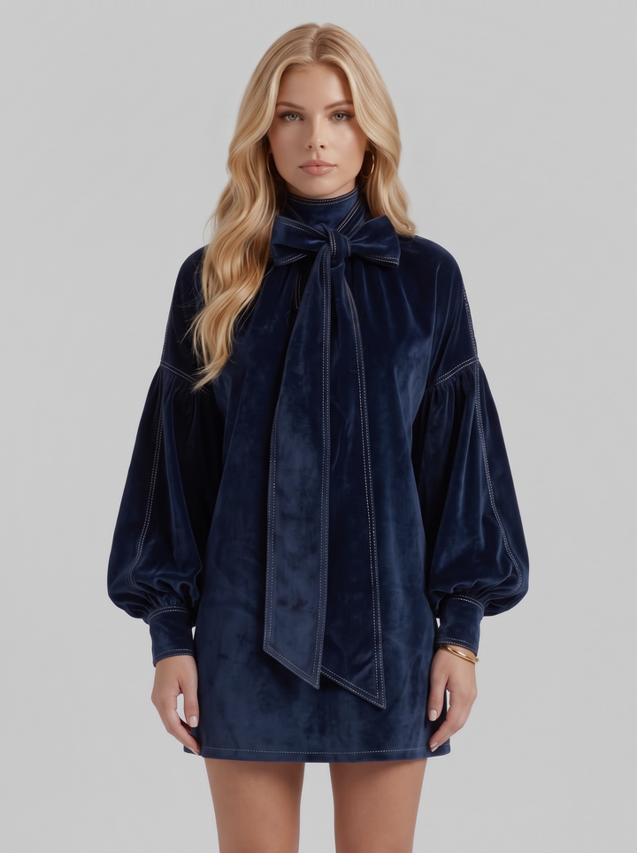 Carmen Bow Mini Dress - Dark Blue