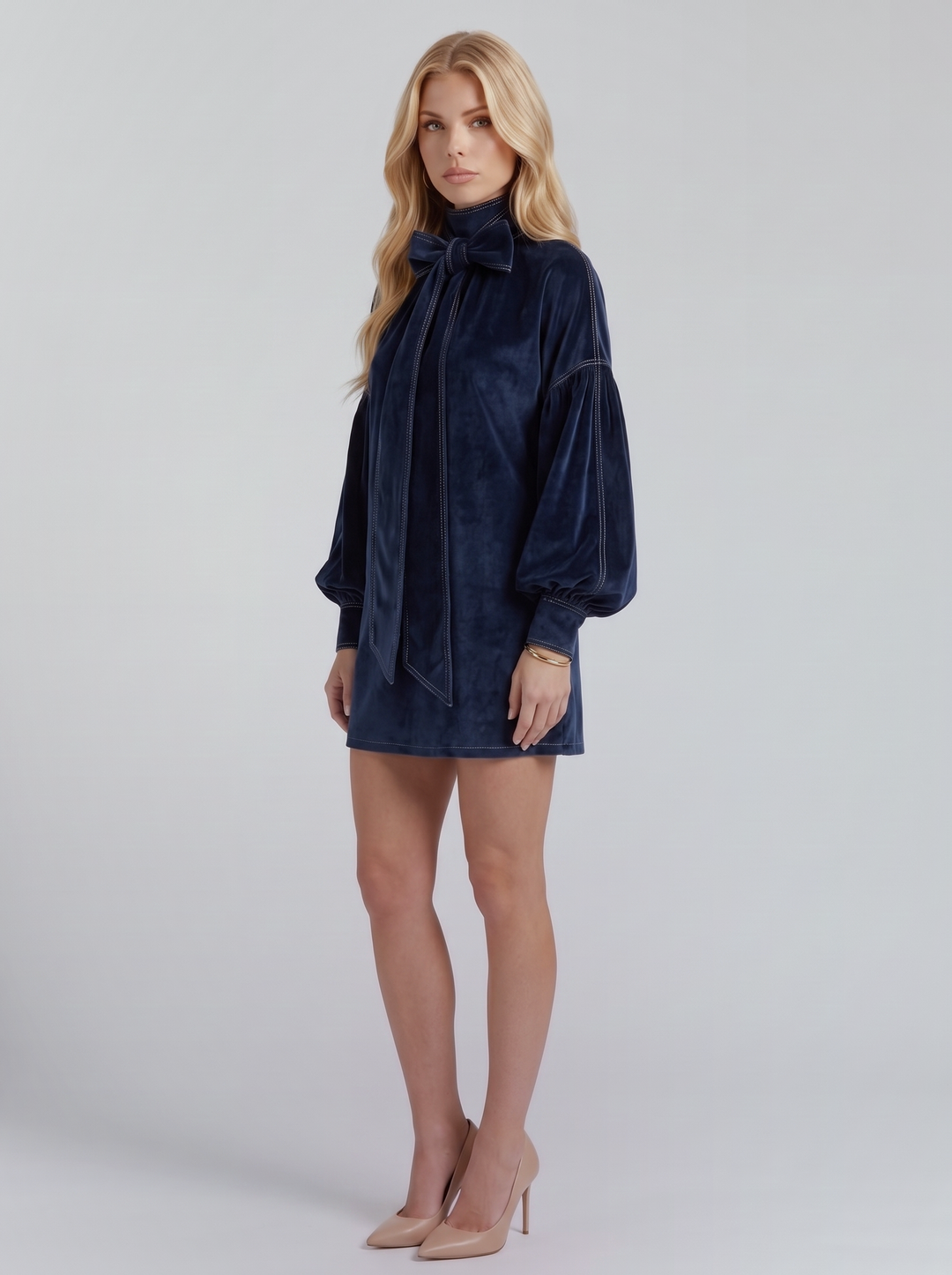 Carmen Bow Mini Dress - Dark Blue