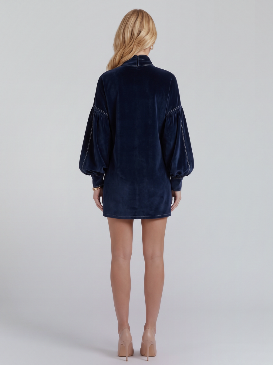 Carmen Bow Mini Dress - Dark Blue