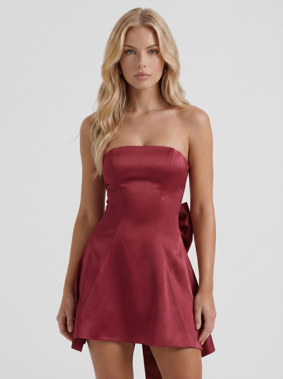 Celine Strapless Side Bow Satin Mini Dress - Burgundy