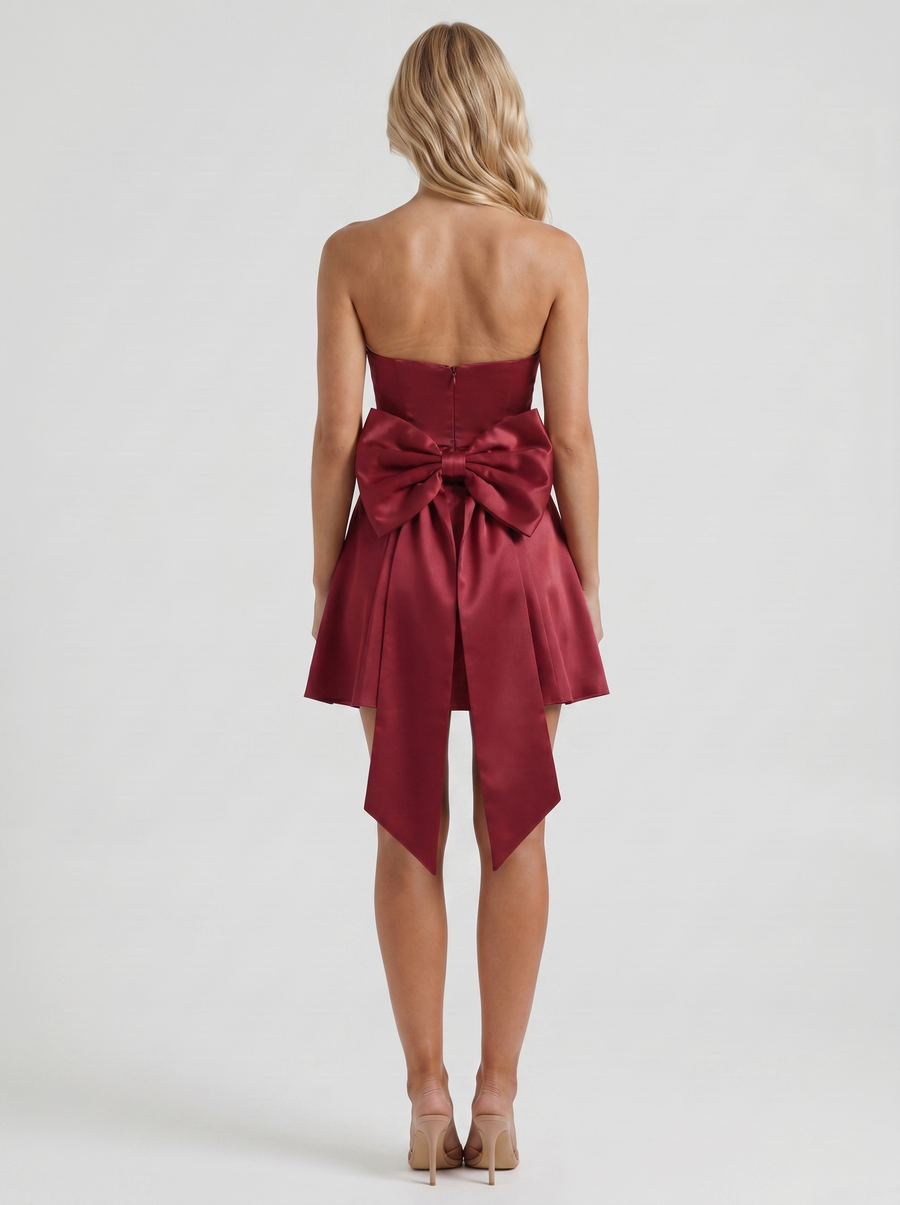 Celine Strapless Side Bow Satin Mini Dress - Burgundy