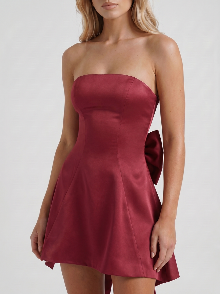 Celine Strapless Side Bow Satin Mini Dress - Burgundy