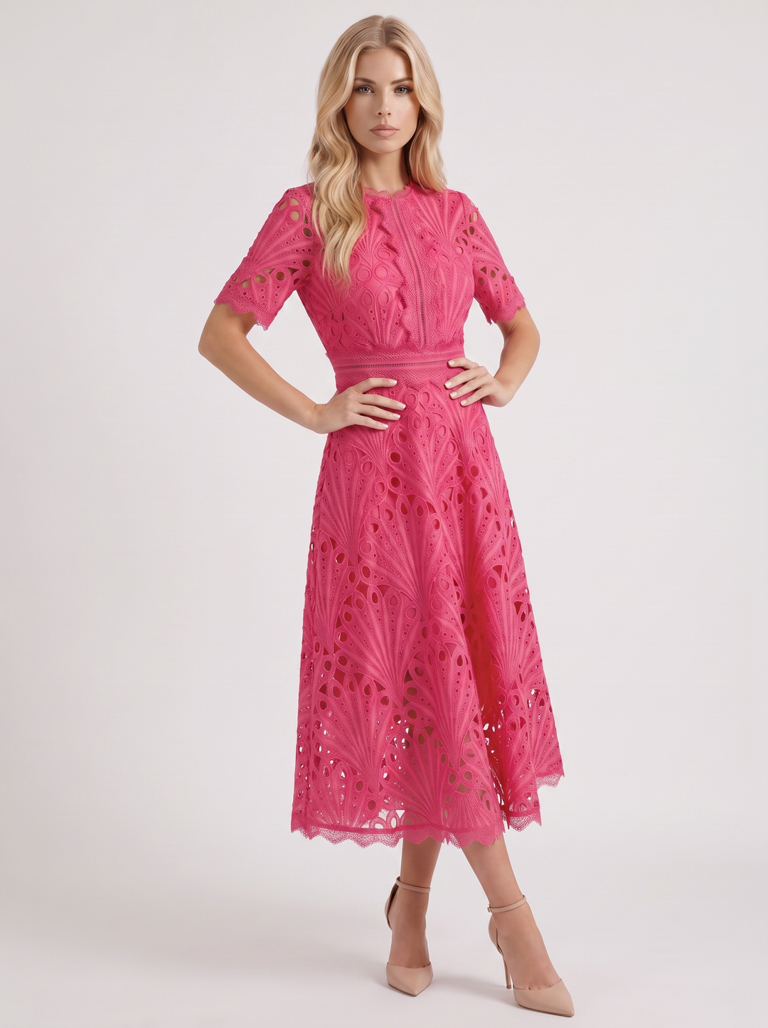Clarisse Lace Midi Dress - Fuchsia