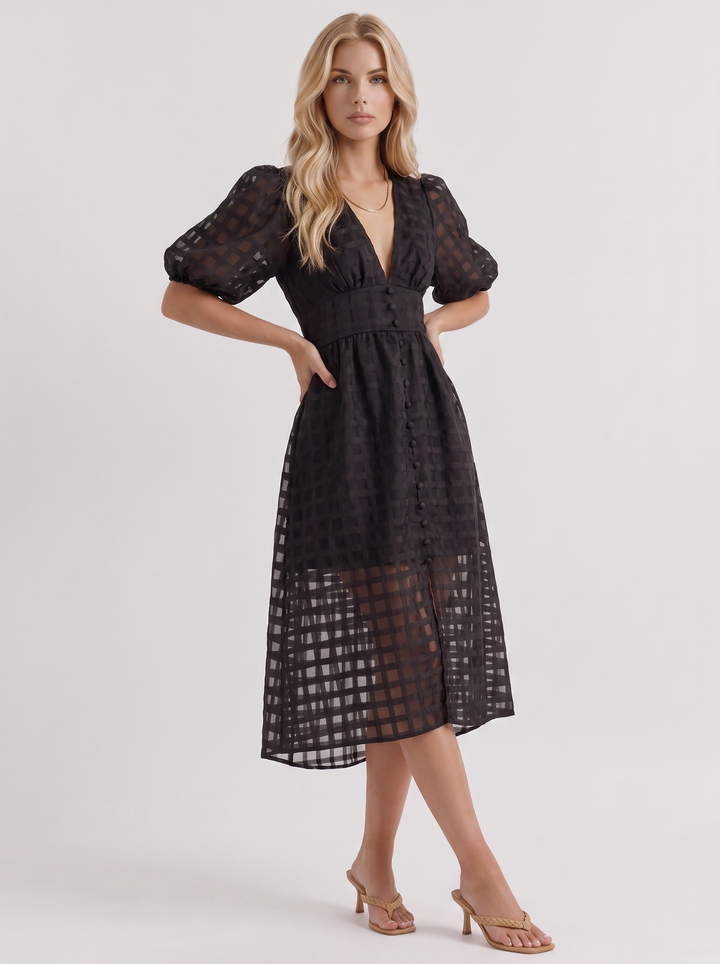 Colette Windowpane Midi Dress - Black