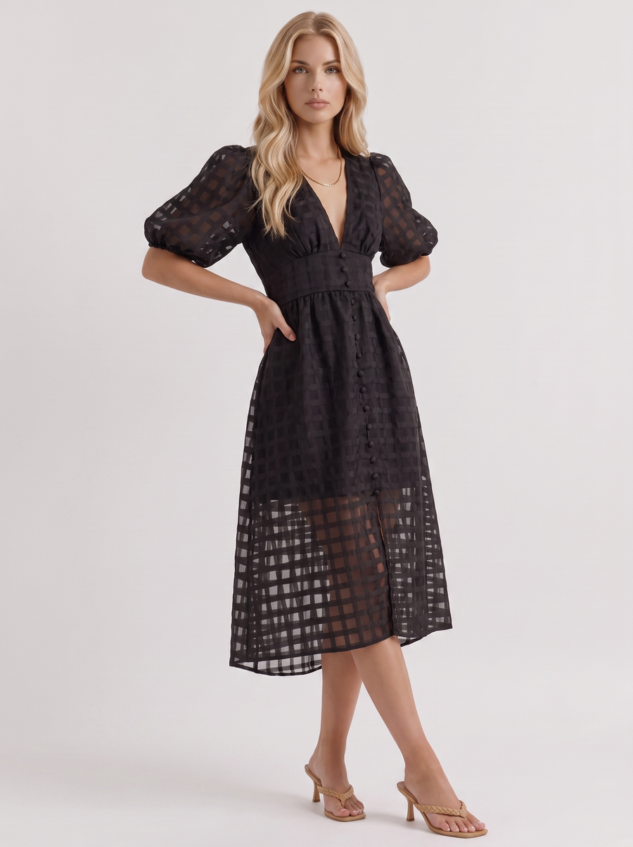 Colette Windowpane Midi Dress - Black