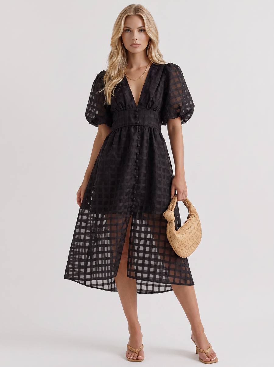 Colette Windowpane Midi Dress - Black