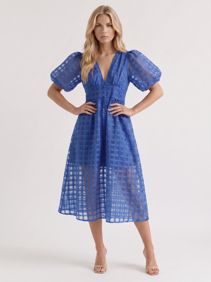 Colette Windowpane Midi Dress - Blue