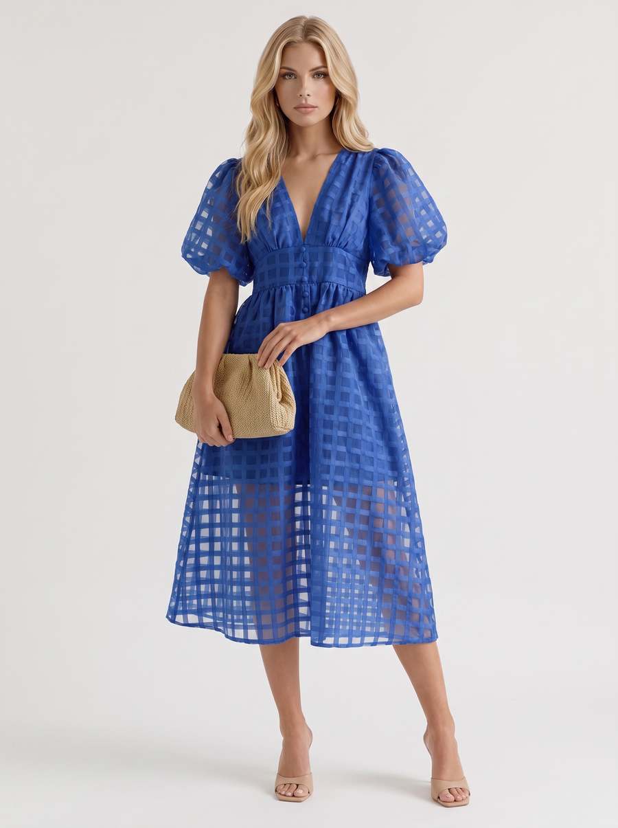 Colette Windowpane Midi Dress - Blue