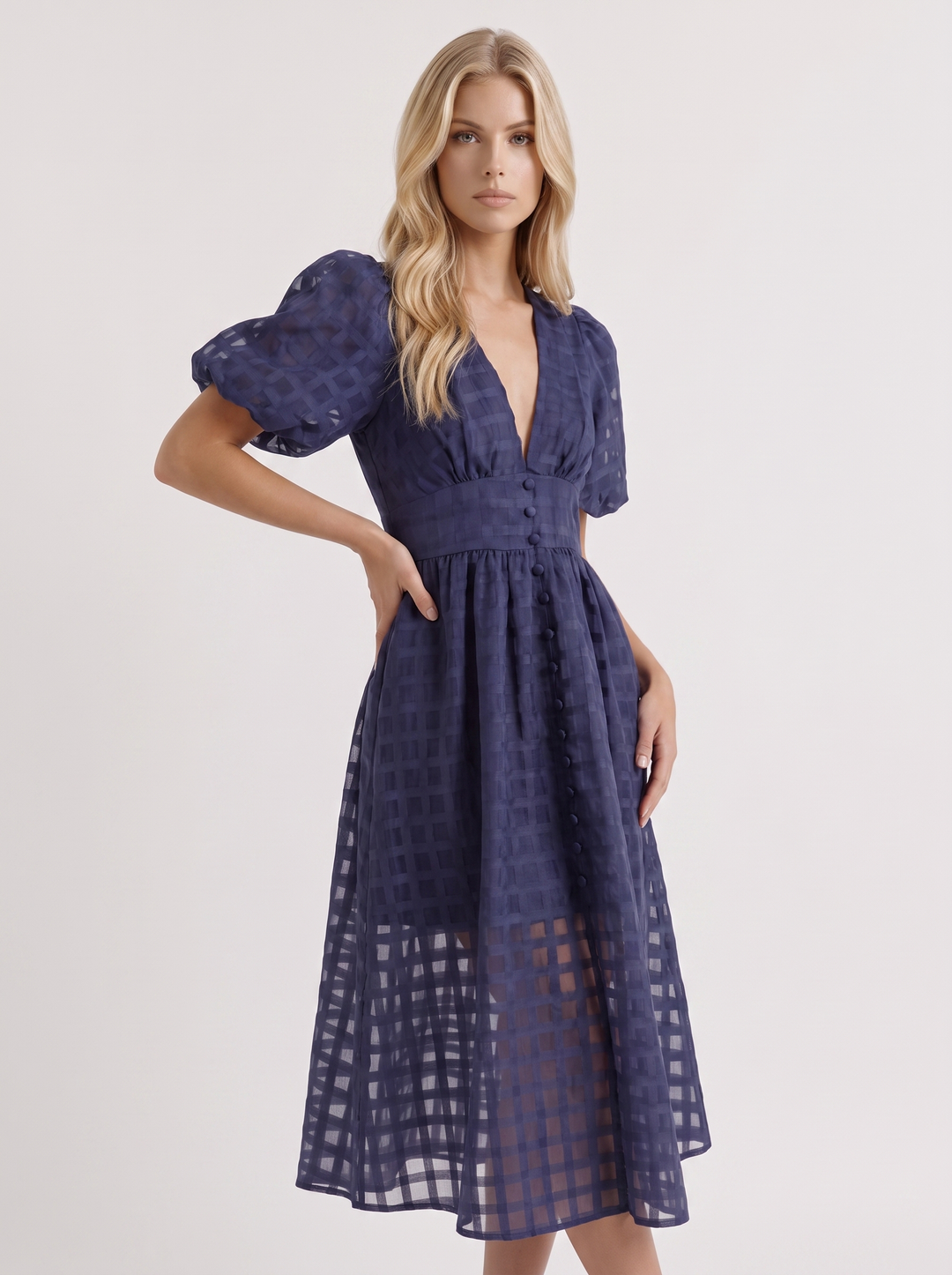 Colette Windowpane Midi Dress - Navy