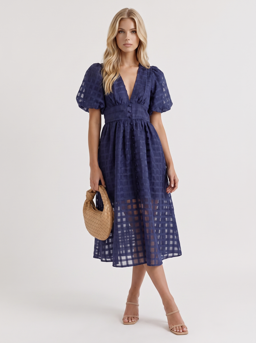 Colette Windowpane Midi Dress - Navy