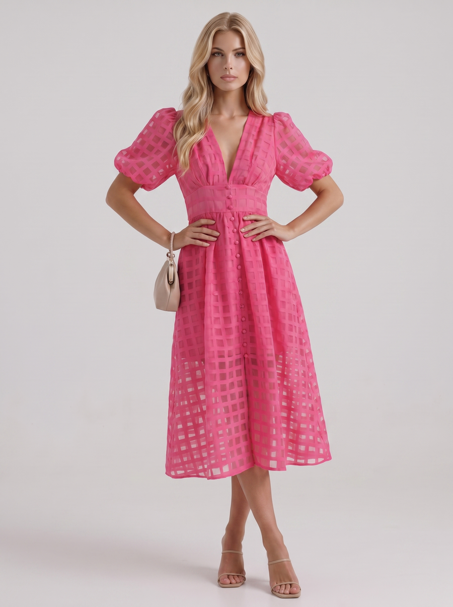 Colette Windowpane Midi Dress - Pink