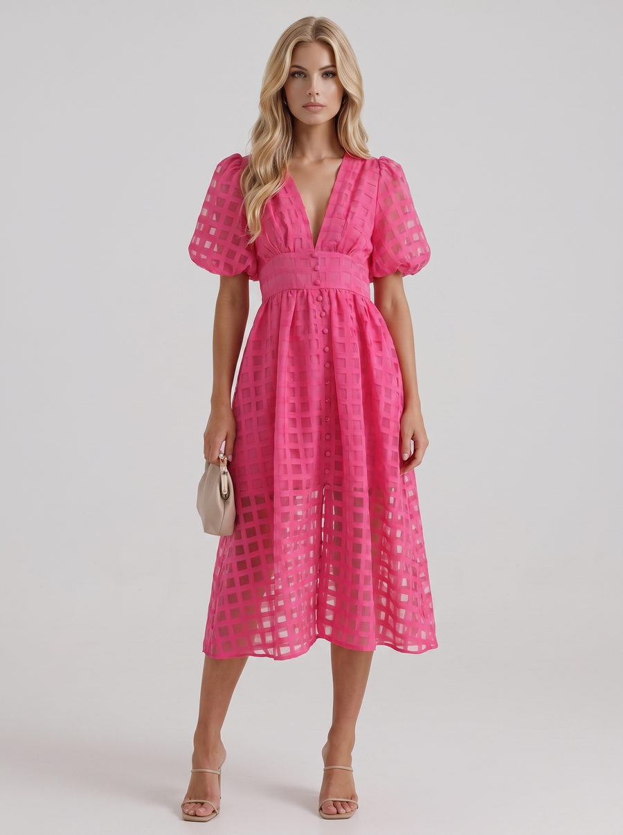 Colette Windowpane Midi Dress - Pink