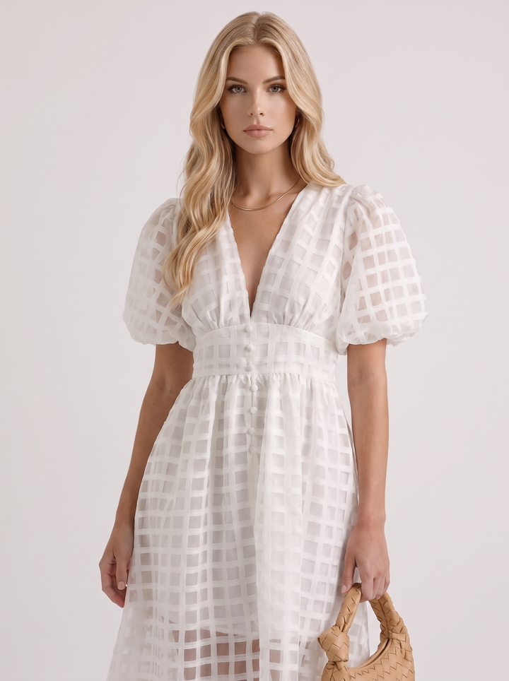Colette Windowpane Midi Dress - White