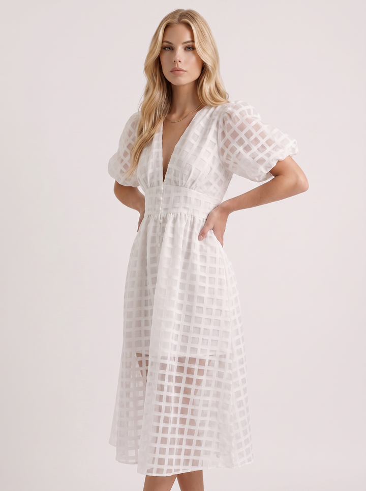 Colette Windowpane Midi Dress - White
