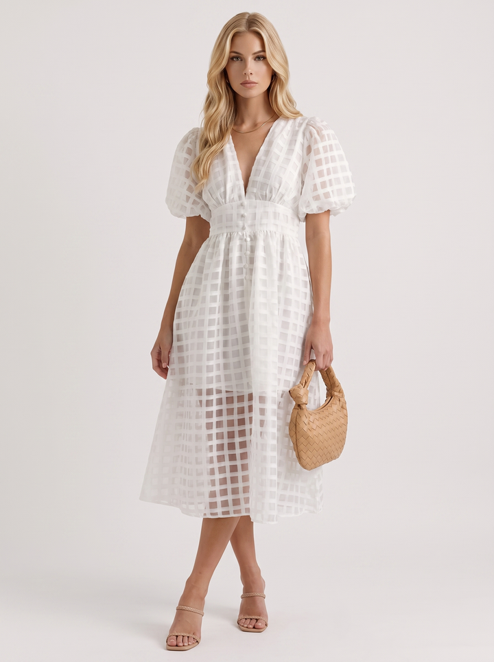 Colette Windowpane Midi Dress - White
