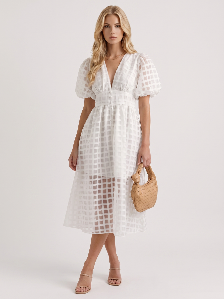 Colette Windowpane Midi Dress - White