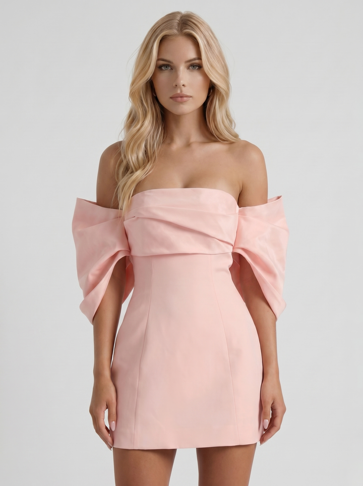 Daisy Off Shoulder Fold Over Mini Dress - Blush