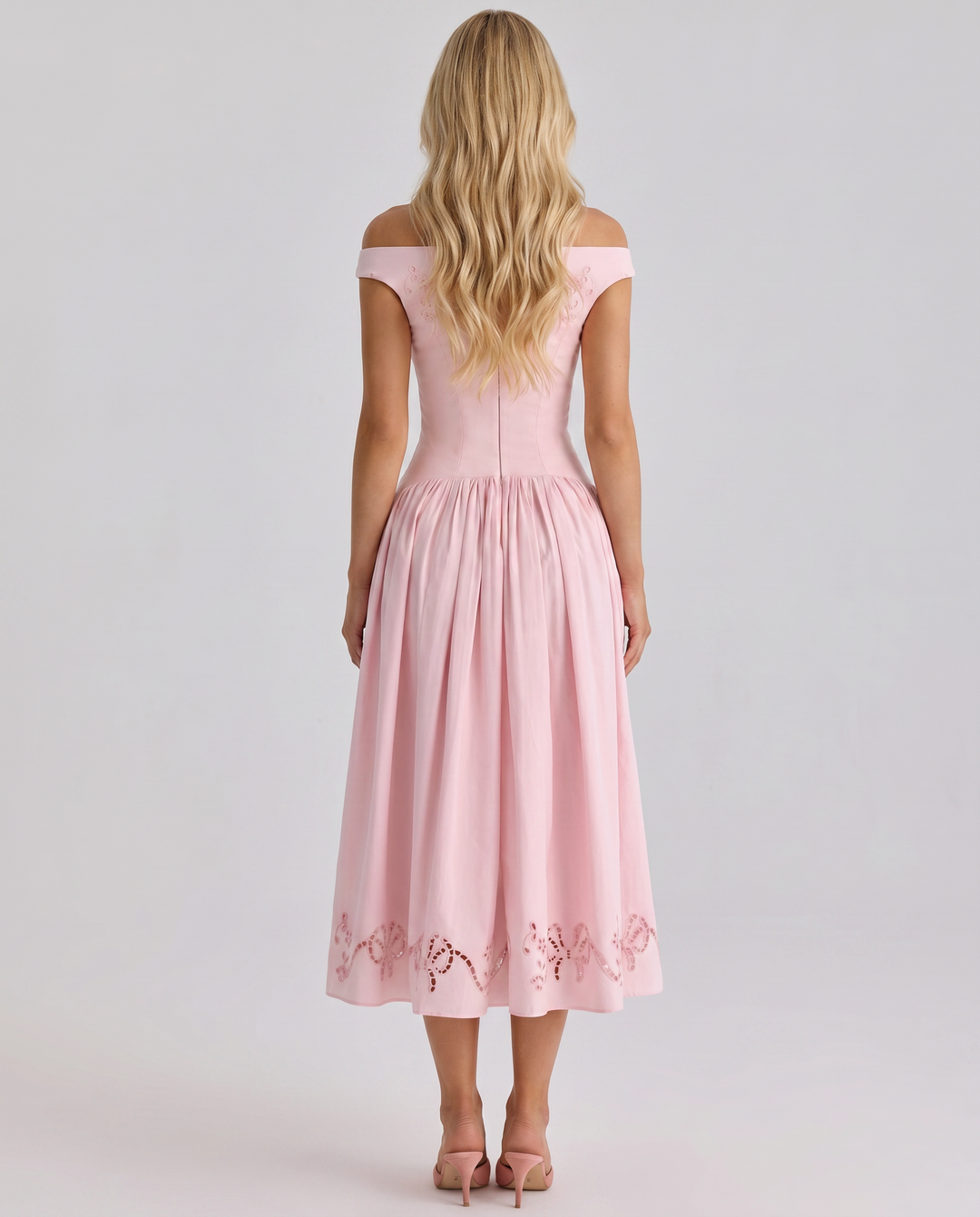 Delfina Boat Neck Eyelet Midi Dress - Pink