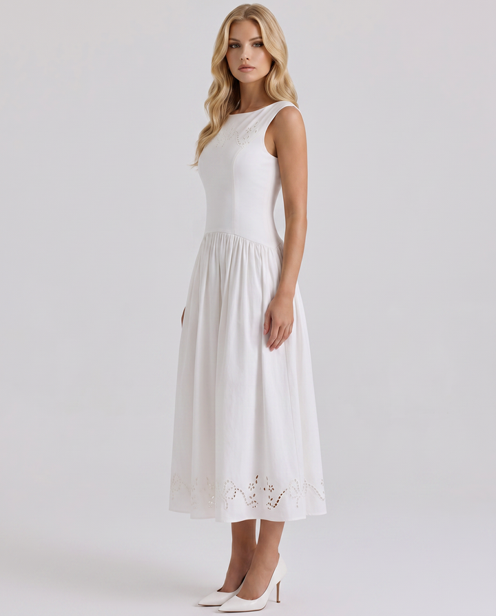Delfina Boat Neck Eyelet Midi Dress - White