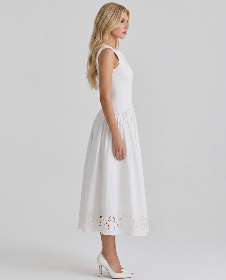 Delfina Boat Neck Eyelet Midi Dress - White