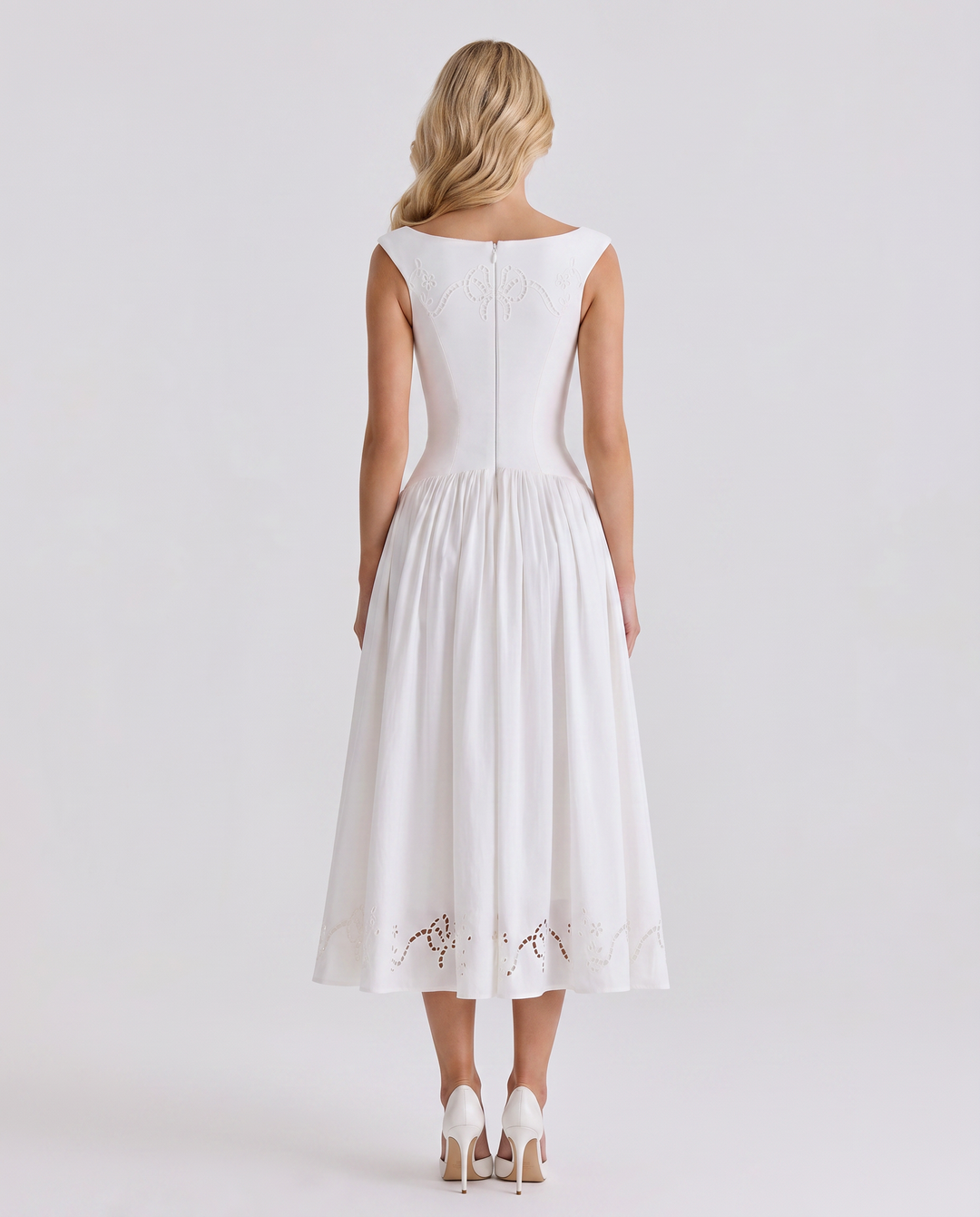 Delfina Boat Neck Eyelet Midi Dress - White