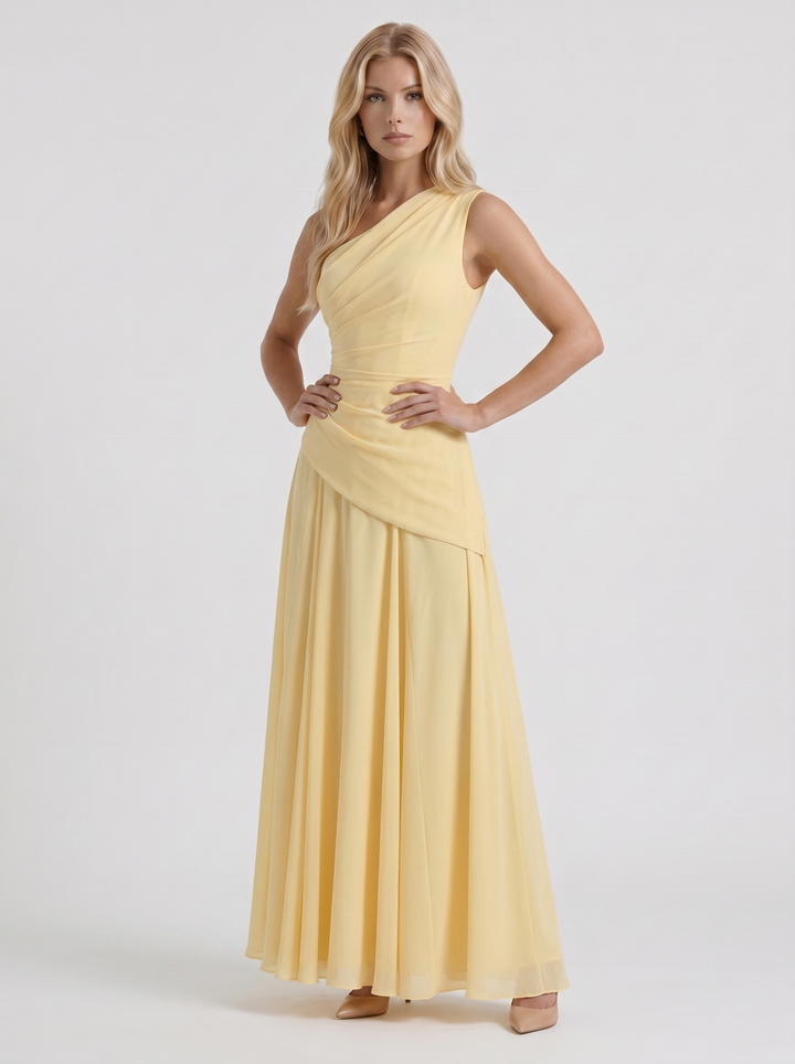 Delphine One Shoulder Ruched Mesh Maxi Dress - Lemon