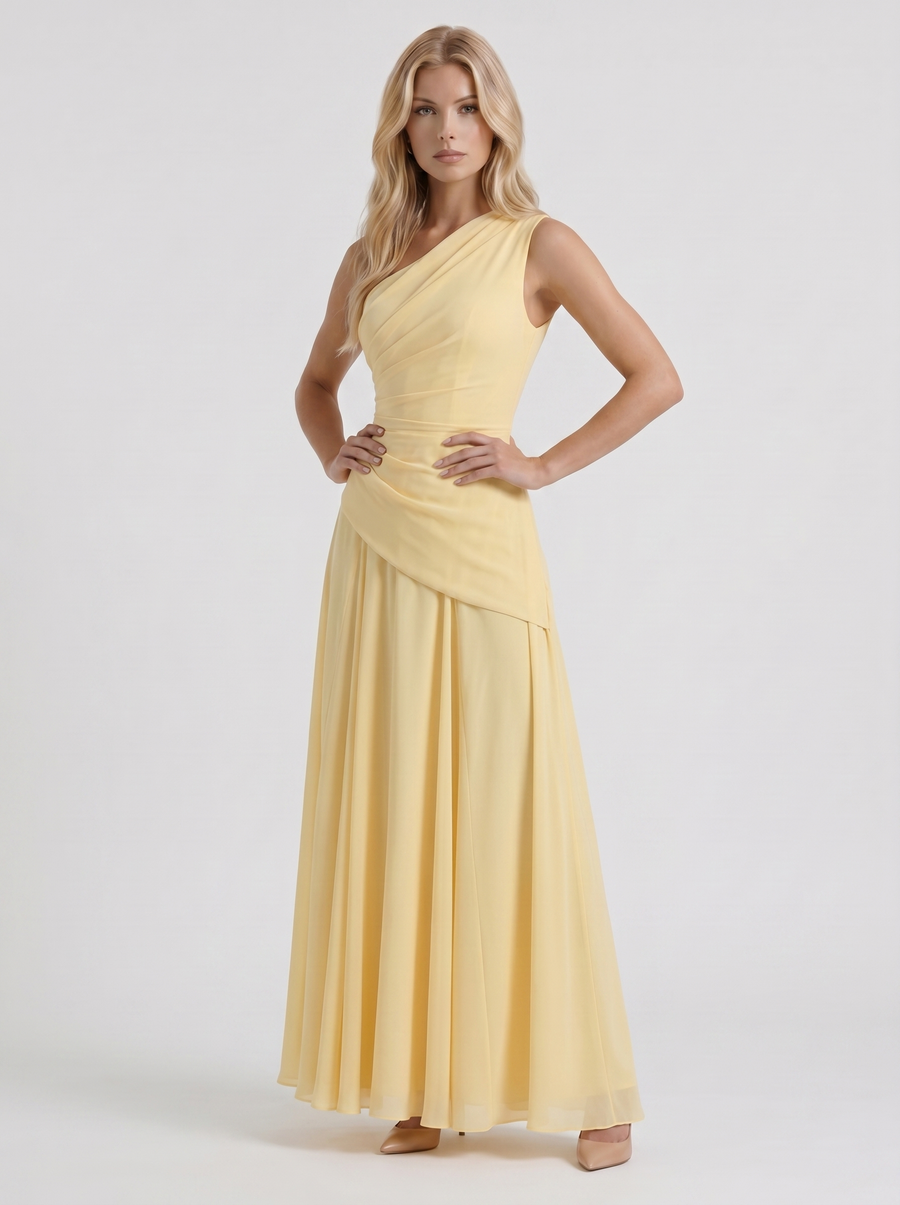 Delphine One Shoulder Ruched Mesh Maxi Dress - Lemon