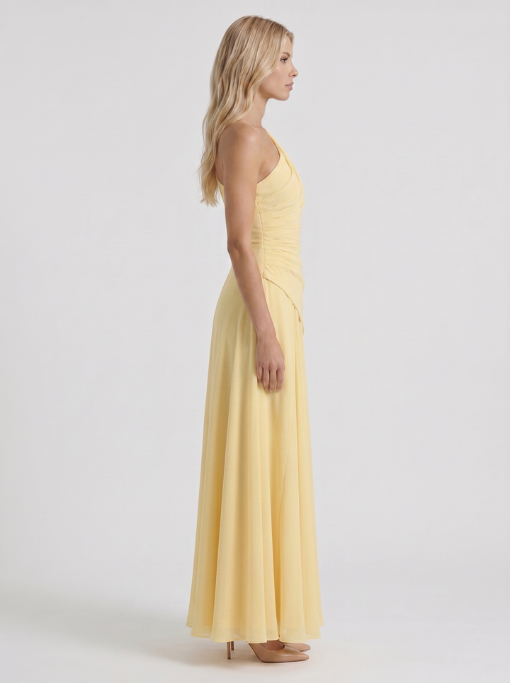 Delphine One Shoulder Ruched Mesh Maxi Dress - Lemon
