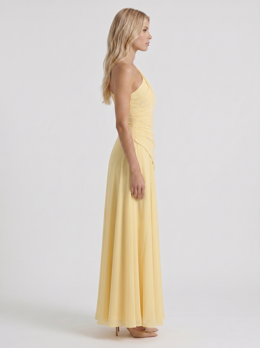 Delphine One Shoulder Ruched Mesh Maxi Dress - Lemon