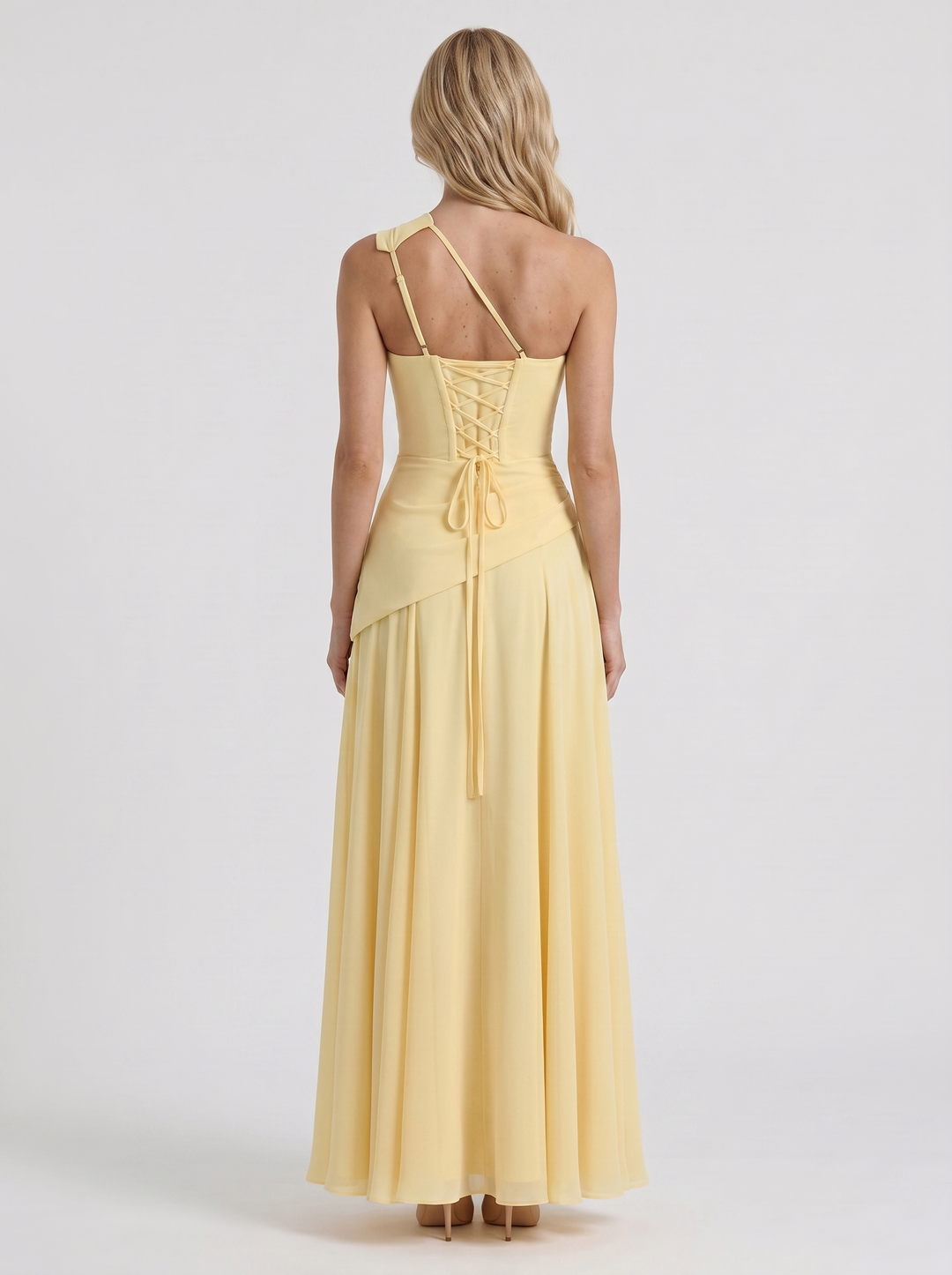 Delphine One Shoulder Ruched Mesh Maxi Dress - Lemon