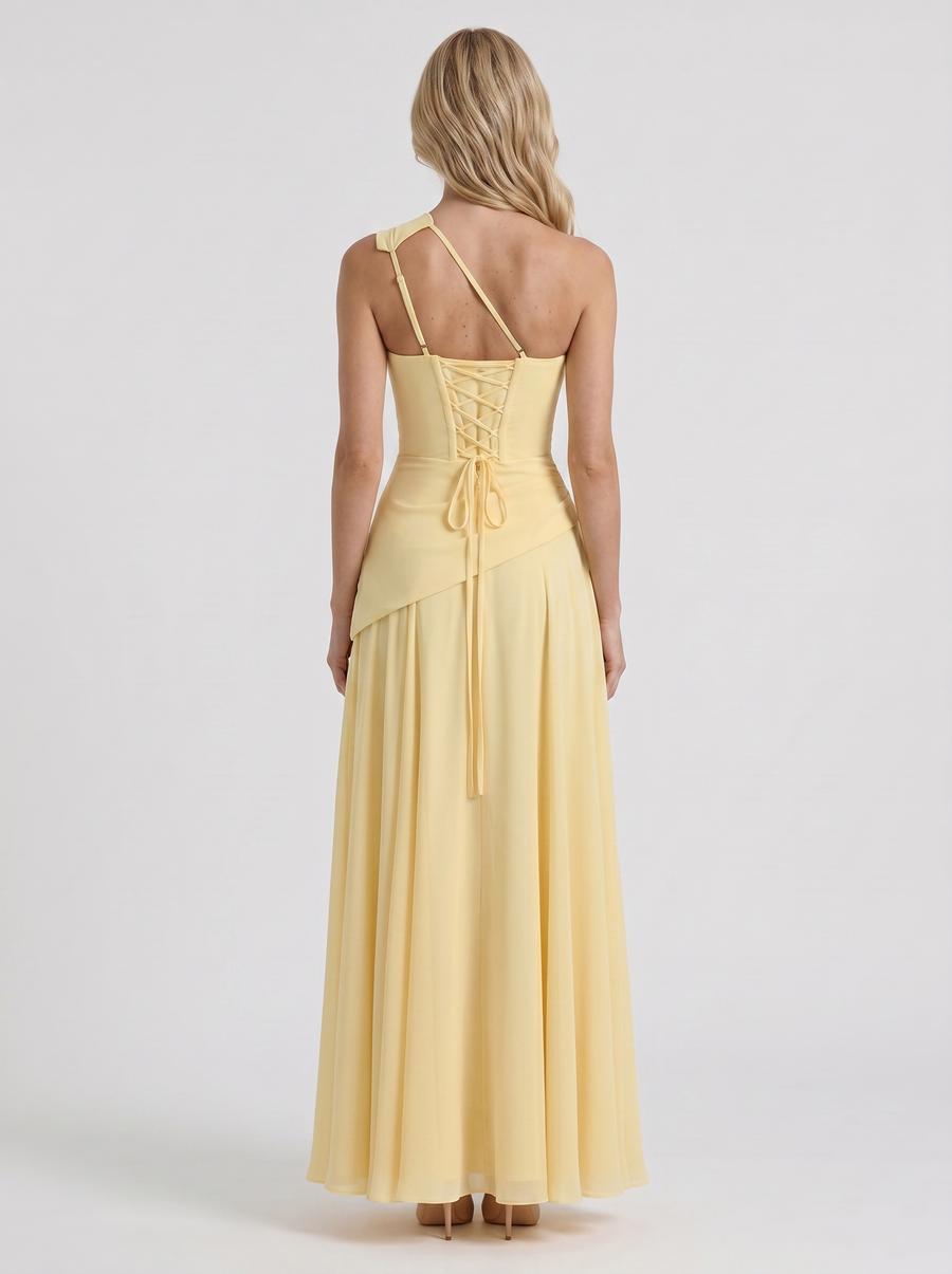 Delphine One Shoulder Ruched Mesh Maxi Dress - Lemon