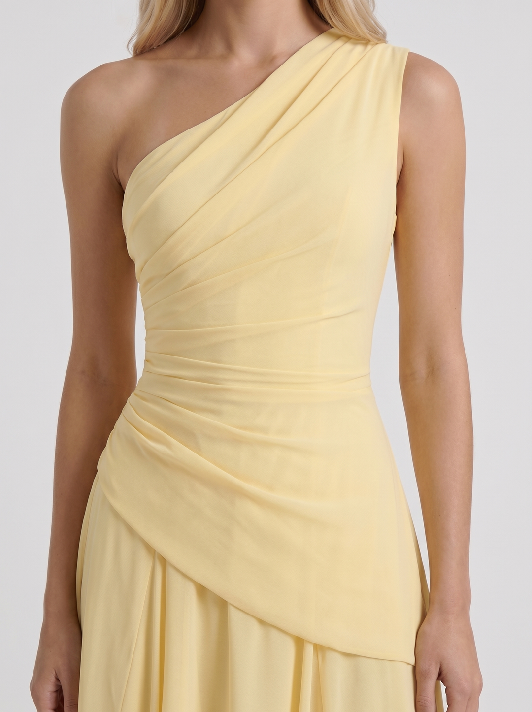 Delphine One Shoulder Ruched Mesh Maxi Dress - Lemon