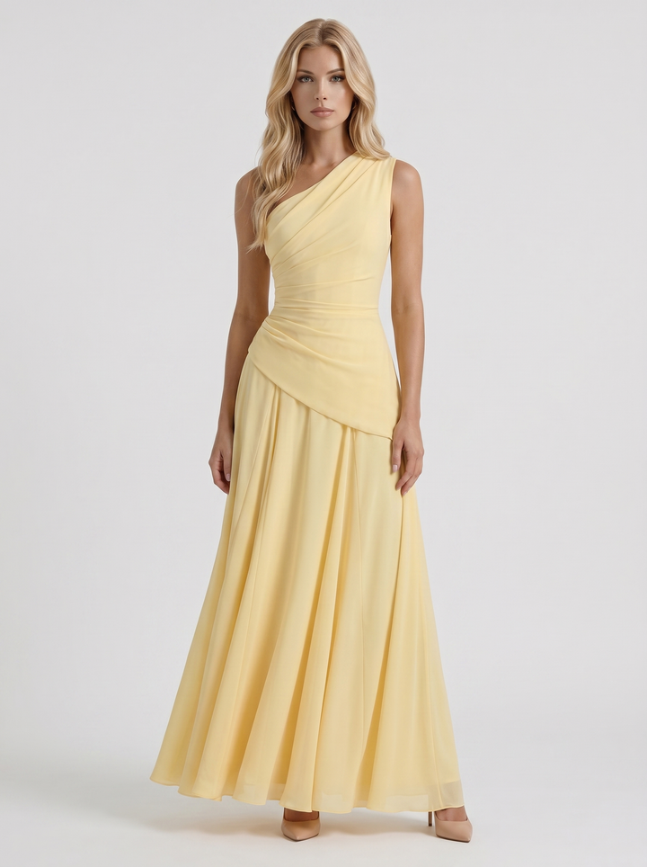 Delphine One Shoulder Ruched Mesh Maxi Dress - Lemon